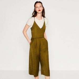 ZARA Olive Green Wide Leg Cropped Jumpsuit Women's Size XS